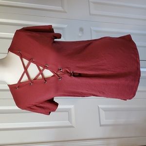 Lavender Field, Lace Up V Neck, Burnt Orange/red, Medium Top